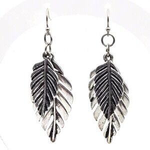 Silver Tone Double Layered Leaf Hook Dangle Drop Textured Earrings